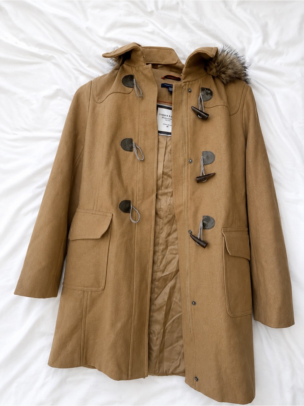 Tommy Hilfiger Camel Tan Wool Blend Toggle Trench Coat with Faux Fur Hood